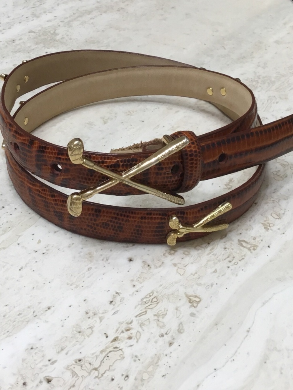 LB Belt Company Brown/Cognac Italian Leather Belt Snakeskin Gold Clubs M